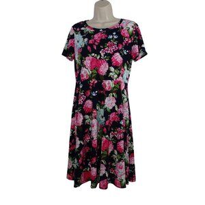 VeryAnn Black Floral A-line Fit and Flare Dress  Women Size L Short Sleeve
